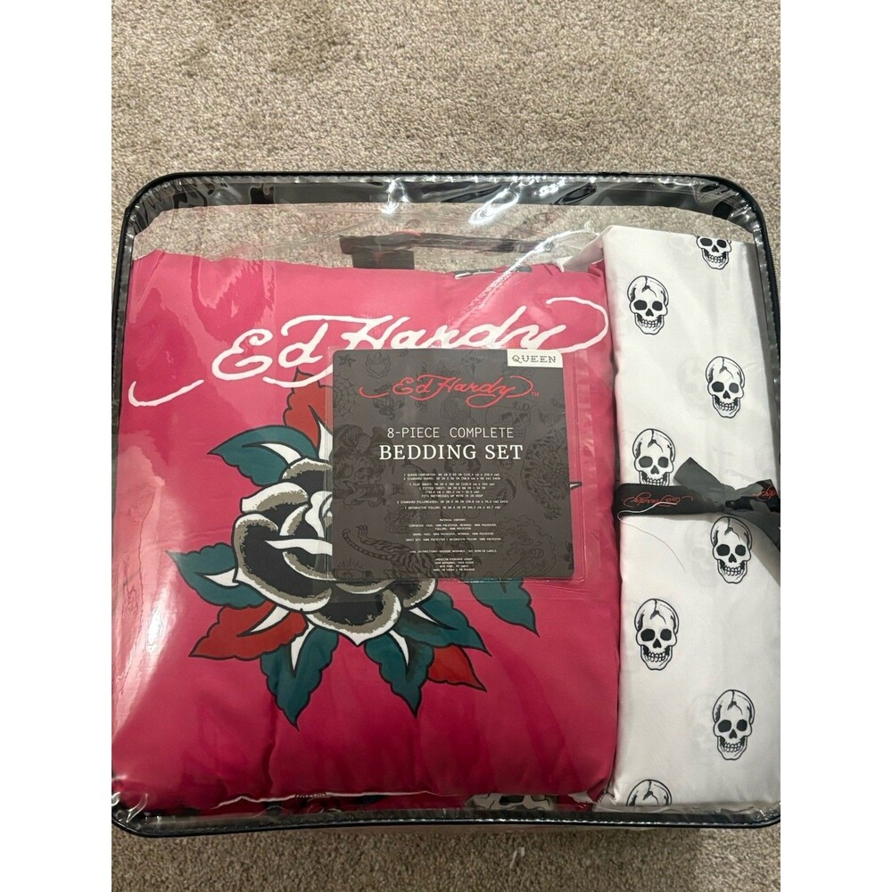 Ed Hardy 8 Piece Queen Comforter Set Vibrant Pink Classic Skull & Rose Design